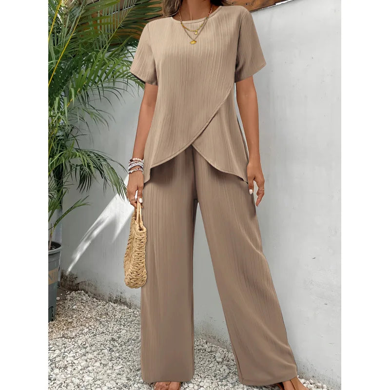 Women's Soft Two-Piece Set - Asymmetrical Blouse & Relaxed Pants - Khaki
