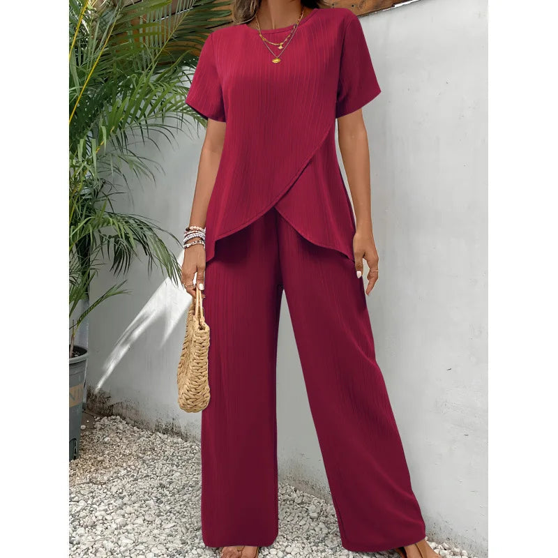 Women's Soft Two-Piece Set - Asymmetrical Blouse & Relaxed Pants - Red
