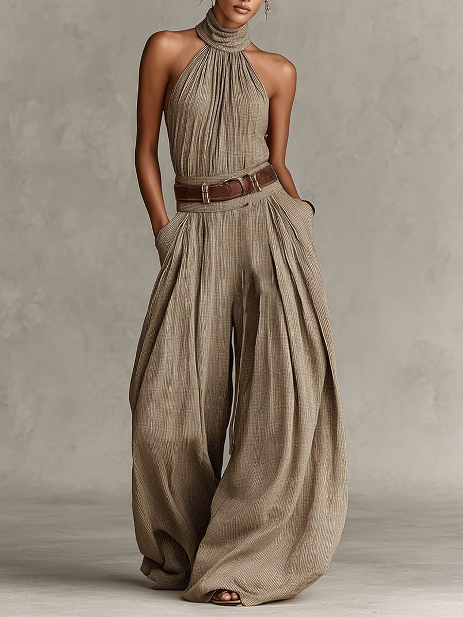 Women's Taupe Halter Wide-Leg Jumpsuit - Boho Summer