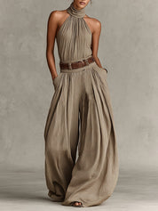 Women's Taupe Halter Wide-Leg Jumpsuit - Boho Summer