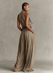 Women's Taupe Halter Wide-Leg Jumpsuit - Boho Summer