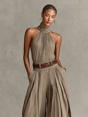 Women's Taupe Halter Wide-Leg Jumpsuit - Boho Summer