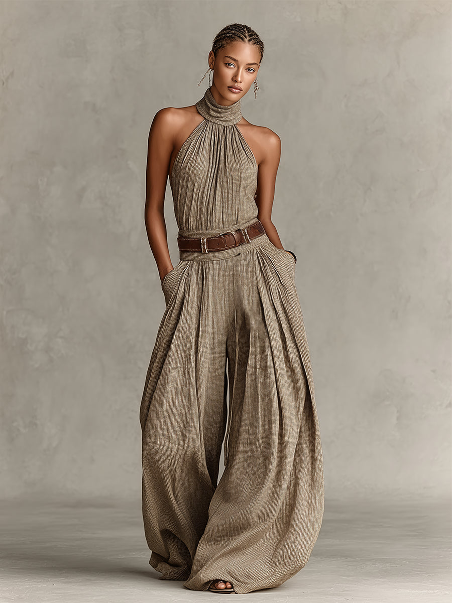 Women's Taupe Halter Wide-Leg Jumpsuit - Boho Summer - Taupe