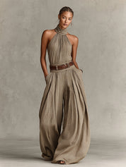 Women's Taupe Halter Wide-Leg Jumpsuit - Boho Summer - Taupe