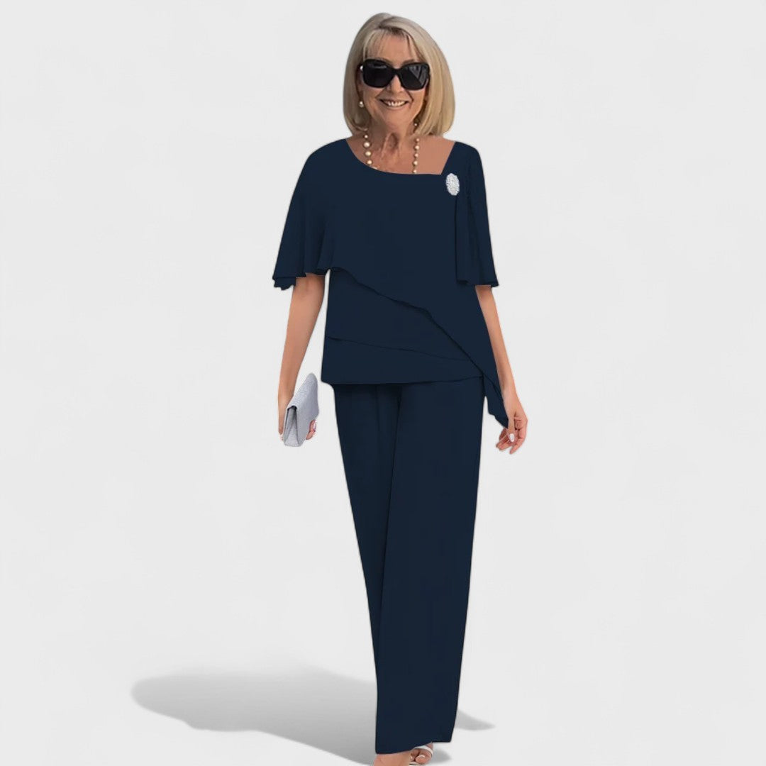 Women's Tiered Two-Piece Set - Elegant Layered Silhouette - Navy