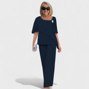 Women's Tiered Two-Piece Set - Elegant Layered Silhouette - Navy