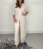 Women's Wide-Leg Two-Piece Set - Flowy Blouse & Trousers - Cream