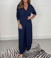 Women's Wide-Leg Two-Piece Set - Flowy Blouse & Trousers - Navy